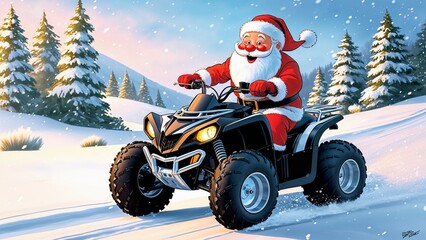 A vibrant 3D cartoon of jolly Santa Claus, with rosy cheeks and a warm smile, wearing a bright red hat and coat, riding a sleek ATV.