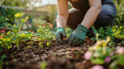 Gardener planting seedlings in lush garden bed with sunlit foliage
