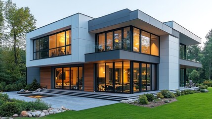 Fototapeta premium Modern house with large windows and landscaped surroundings.