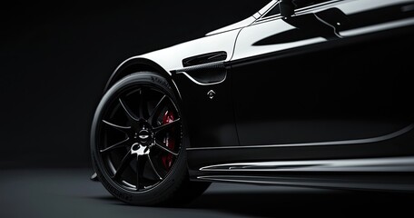 Close-up image of a black sports car on the black background