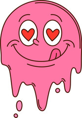 Cartoon groovy pink melting face character with heart-shaped eyes and sticking tongue, symbol of love and Valentines Day. Emoji exudes joy, affection and romance for festive occasions and greetings