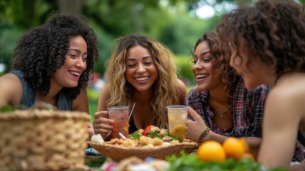 Group of friends enjoying picnic with refreshments and laughter in a park setting