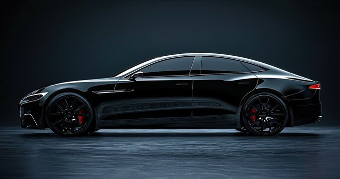 Close-up image of a black sports car on the black background