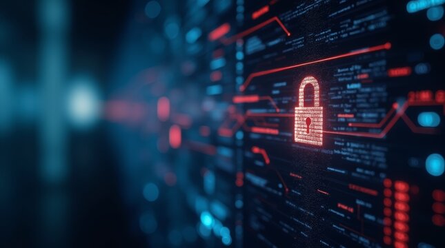 Red digital lock on futuristic screen with data codes. Cybersecurity and data protection concept