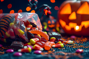 Close-up of colorful Halloween candy spilling from trick-or-treat bag on dark background