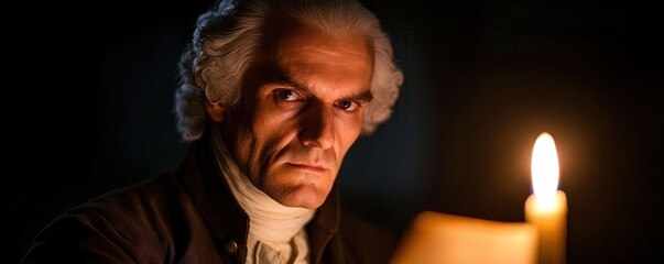 Artistic depiction of a historical author, such as Jane Austen or Mark Twain, writing in their study by candlelight, Historical author writing, Timeless and nostalgic