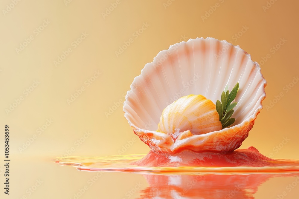 Poster a shell with a small yellow object inside and a green leaf on top