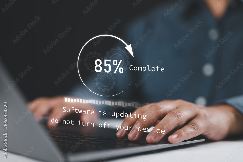 Fototapete Operating system, Firmware, OS upgrade with loading progress screen. Software update to improve functionality in the new version. Fix or patch security bugs. Man working and installing update process.