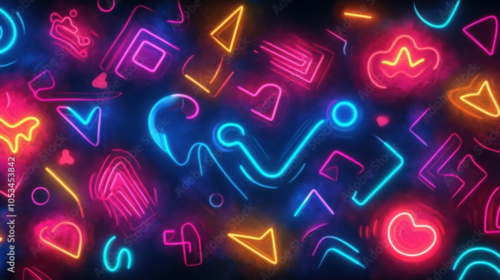 Poster neon outlines of random forms on a black background