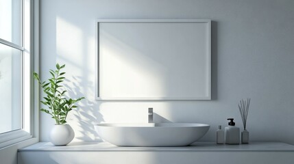 Fototapeta premium Modern bathroom with an empty frame above the sink