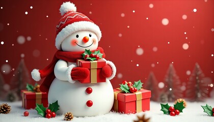 A smiling snowman wearing a red hat and scarf holds a gift in front of a snowy, red background