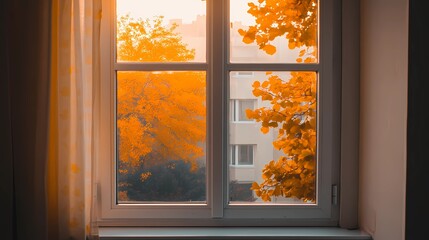 City apartment view through a burlap curtain, showcasing an autumn landscape outside, blurred for a calm, cozy effect