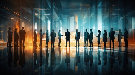 Fototapeta premium blurred image captures the silhouettes of multiple businesswomen in a handshake, reflected in a mirror.