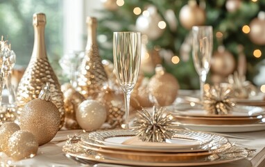 Elegant holiday dining setup with golden decorations, champagne bottles, and festive ornaments.