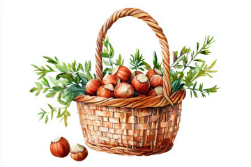 A woven basket filled with nuts and greenery, showcasing a natural, rustic aesthetic with earthy tones and a wholesome vibe.