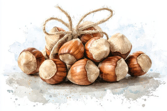 A collection of hazelnuts tied with twine, showcasing their natural textures and earthy tones against a soft, watercolor background.