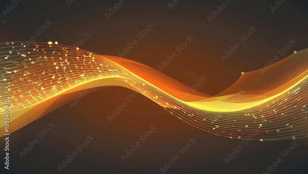 Poster abstract data wave in orange and yellow, flowing across a dark background, symbolizing artificial in