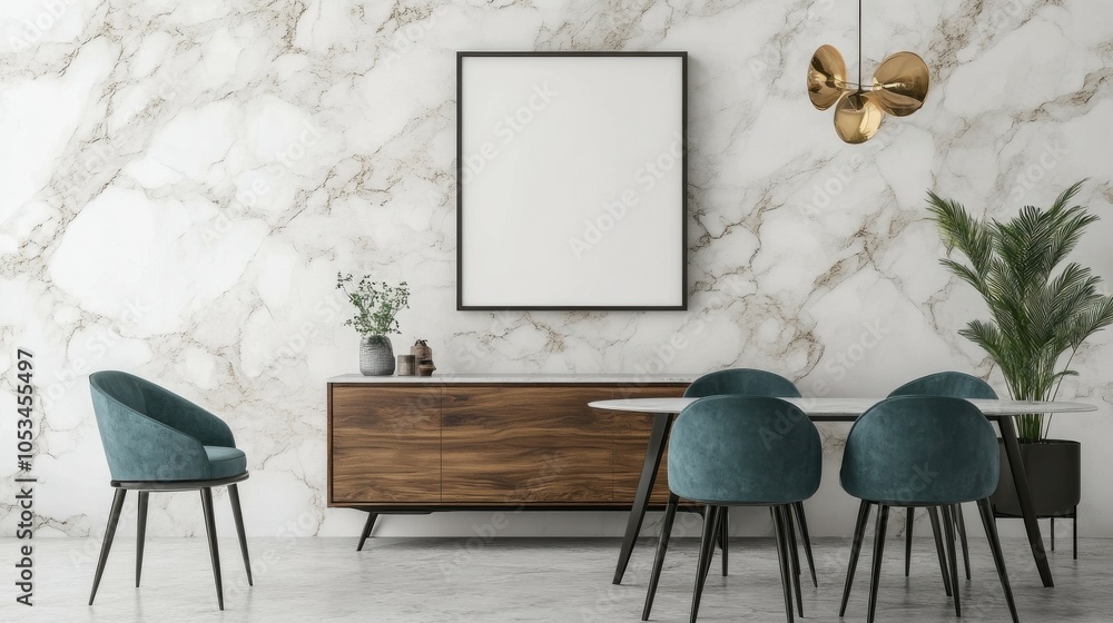 Poster Modern dining room with an empty frame on the sideboard