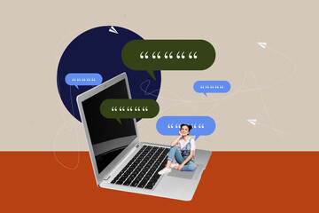 Composite trend artwork sketch image collage of laptop with chat bubble idea young lady chatting...
