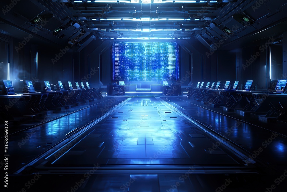Poster futuristic control room with high-tech displays and sleek design for advanced operations