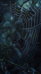 Moody spiderweb with glowing threads and dewdrops against dark backdrop