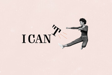 Composite trend artwork 3D sketch image photo collage of copyspace miniature young woman levitate...