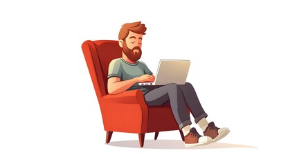 Handsome cartoon beard character man working with laptop at the red armchair isolated over white background. Home office concept. 
