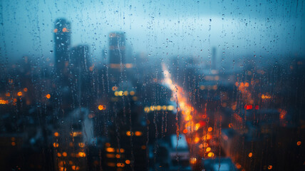 Fototapeta premium Rainy city skyline with lights and bokeh effect