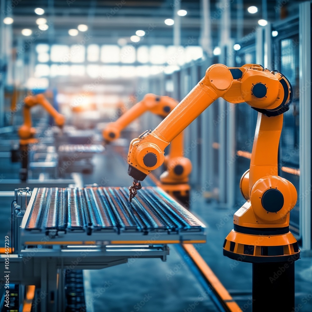 Poster automated robotic arms working in a modern factory, production line with industrial robots
