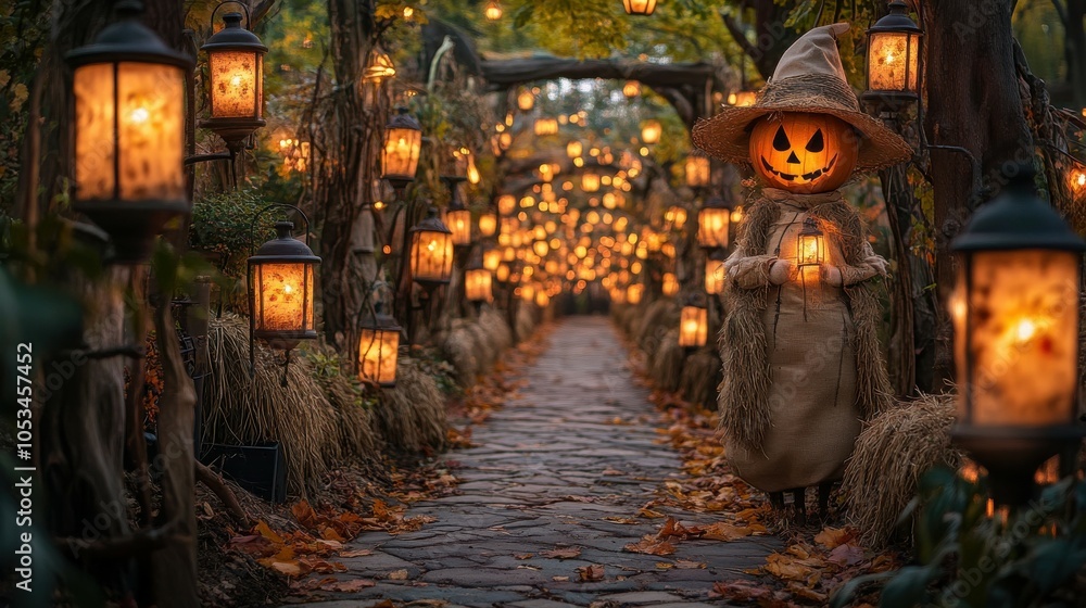 Poster pathway lined with scarecrows and lanterns
