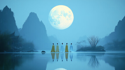 A group of ancient Chinese people, Mid-Autumn Festival, moon, mountain, lakes, in the style of highly staged scenes, minimalist sets, light yellow and blue and white