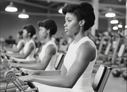 focused African American woman working out on rowing machine in gym, surrounded by friends, showcasing strength and determination