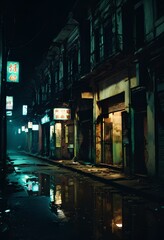 Fototapeta premium An eerie night scene of a commercial building captured on a 90s film camera. The street is dimly lit by a few street lamps. This creates deep shadows that add mystery to the place.