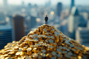 A small figure stands atop a mountain composed entirely of gold coins, overlooking the cityscape of Tokyo