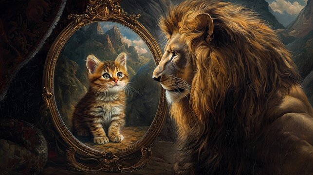 A lion gazes into a mirror, seeing a kitten reflection, symbolizing self-perception and potential.