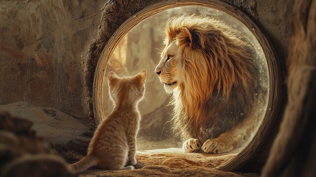 A kitten sees its reflection as a lion, symbolizing inner strength and transformation.