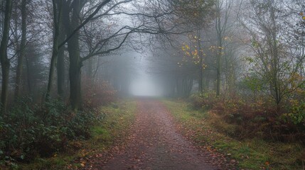 Fototapeta premium Pathway through a woodland covered in mist
