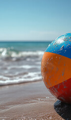 Obraz premium Beach ball on sandy shore with ocean in background.