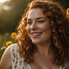 Nature Portrait Of A Joyful Plus-size Woman With Curly Auburn Hair Smiling In A Wildflower Field 