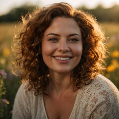Nature Portrait Of A Joyful Plus-size Woman With Curly Auburn Hair Smiling In A Wildflower Field 