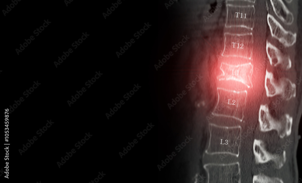 Poster lumbar spine ct imaging with l1 compression fracture.a vivid ct scan image highlighting a compressio