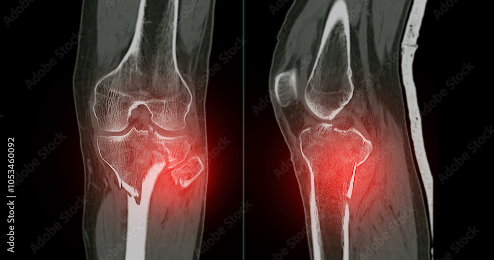 Poster ct imaging of tibia and fibula fracture in trauma case .a detailed ct scan highlighting a traumatic 