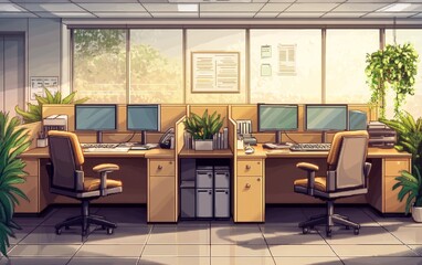 Fototapeta premium A modern office space featuring desks, computers, and plants, designed for productivity.
