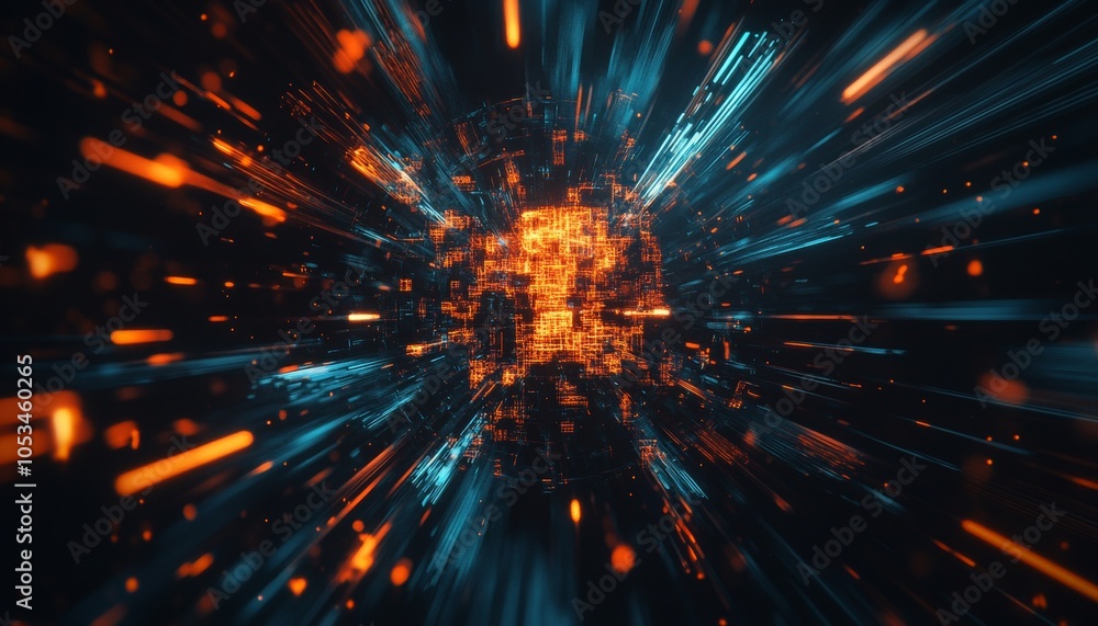 Poster abstract glowing lines and particles, orange and blue colors. data stream, speed motion background