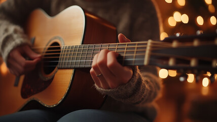 Fototapeta premium Person playing acoustic guitar with warm light ambiance.