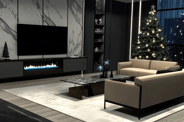 Contemporary living room decorated for the holidays, featuring a Christmas tree, modern furniture, and a gas fireplace in soft evening lighting