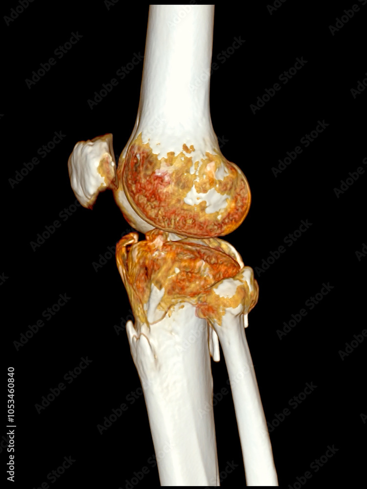 Poster trauma case: tibia and fibula fracture in 3d ct scan.a detailed 3d medical scan showing traumatic fr
