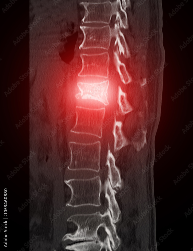 Poster lumbar spine ct imaging with l1 compression fracture.a vivid ct scan image highlighting a compressio