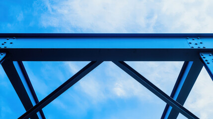 blue bridge featuring steel structure with straight lines and cables against bright sky creates striking visual. geometric patterns evoke sense of strength and stability