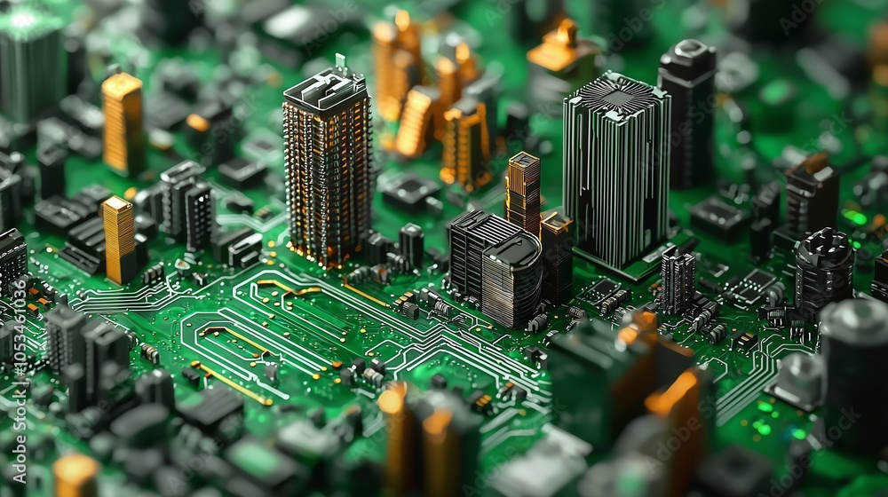 Poster circuit board cityscape symbolizes iot integration in smart infrastructure.